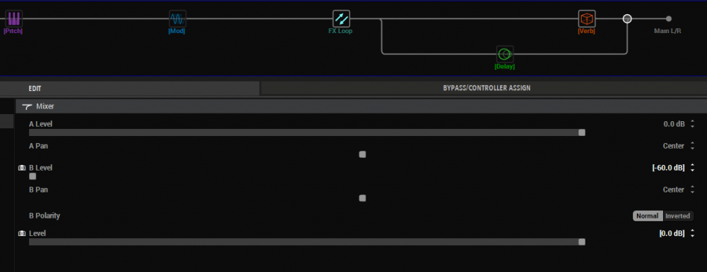 I just found a solution to this problem. I can set the mixer parameters for each snapshot. So, in this snapshot where the delay is off but the reverb is on, the B path is muted turning de volume of the B path to minimum. This way I avoid the guitar dry signal into the loop, which would cause phase issues due to it being also in the instrument input of the amp.