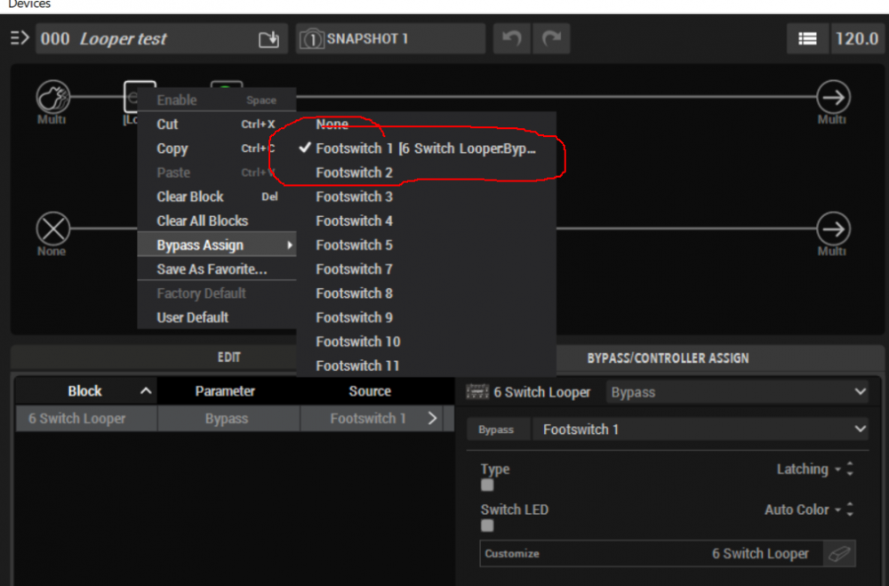 Update: I gave up trying to assign a block to a footswitch the way the manual suggests.  But I think I found a way to do it in HX Edit.  I right-click on the Looper block and choose Bypass Assign, then choose a Footswitch (say, 1).  Unfortunately it still doesn't work.  It says it's assigned but all of the scribble strips on the Helix are still blank.