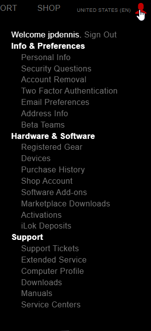 A user interface displaying account options, including personal info, hardware/software details, and support sections.