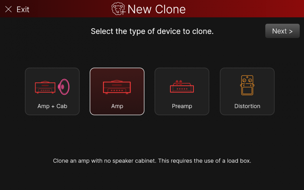 Screen displaying options to clone audio devices: Amp   Cab, Amp, Preamp, and Distortion, with a description for cloning an amp.
