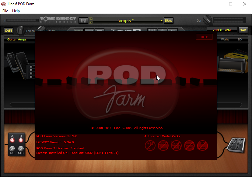 Screenshot of the Line 6 POD Farm software interface, displaying version information and model packs.