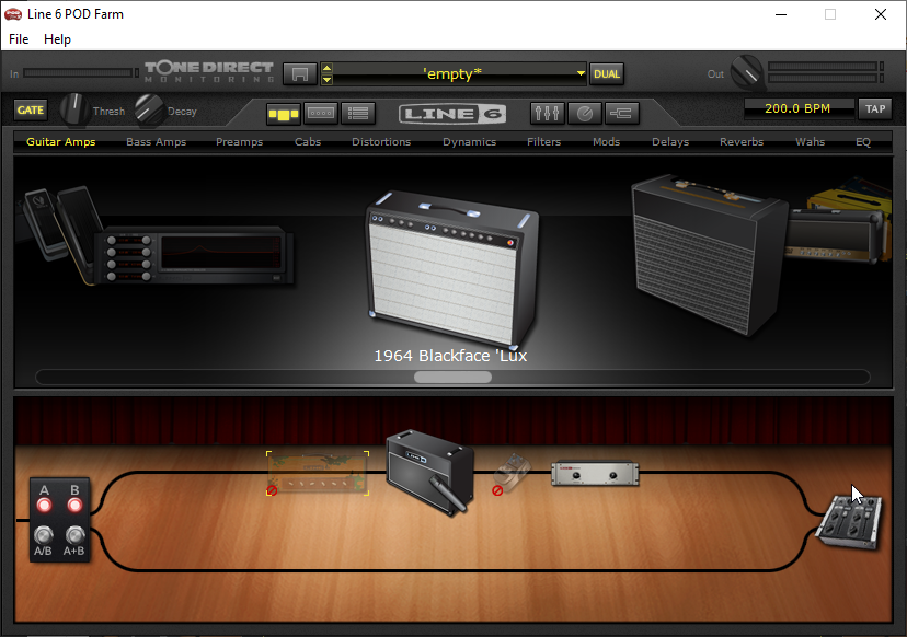 Screenshot of the Line 6 POD Farm software interface, displaying version information and model packs.