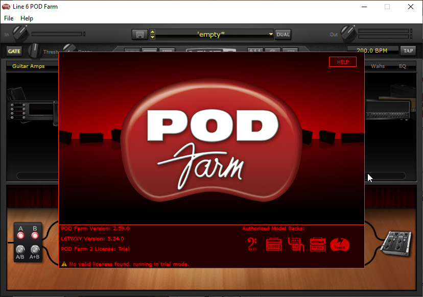 Screenshot of the Line 6 POD Farm software interface, displaying version information and model packs.