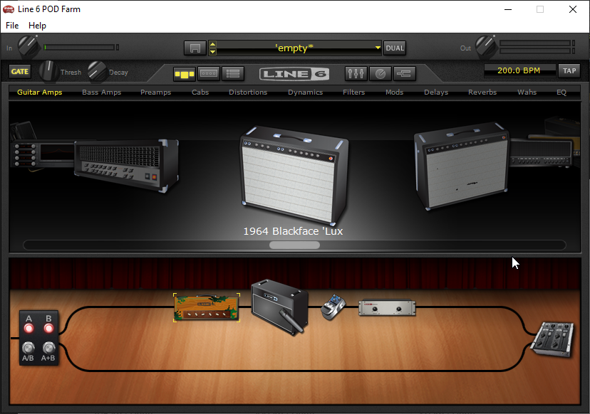Screenshot of the Line 6 POD Farm software interface, displaying version information and model packs.