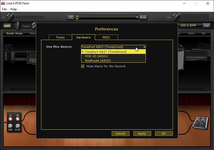 Screenshot of the Line 6 POD Farm software interface, displaying version information and model packs.