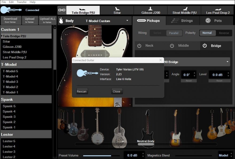 You're quite right - running the Variax with just a VDI cable into the Helix Floor does work without the need for either the battery or a TSR cable. Workbench HD loads and recognises the Variax allowing me to fine tune and export settings (see picture) -